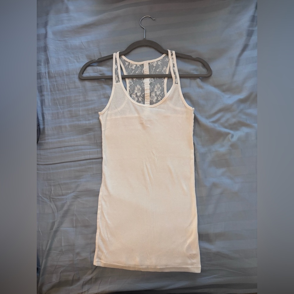 American Eagle Ribbed Lace-Back White Tank Top